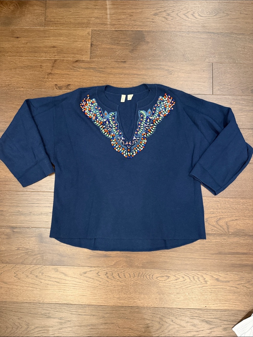Anthropologie Moth Beaded Split-Neck Pullover Sweater Navy Blue Medium - C47-029